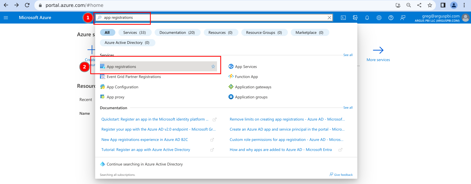 image showing step 2: search for 'app registrations' and select the item of the same name