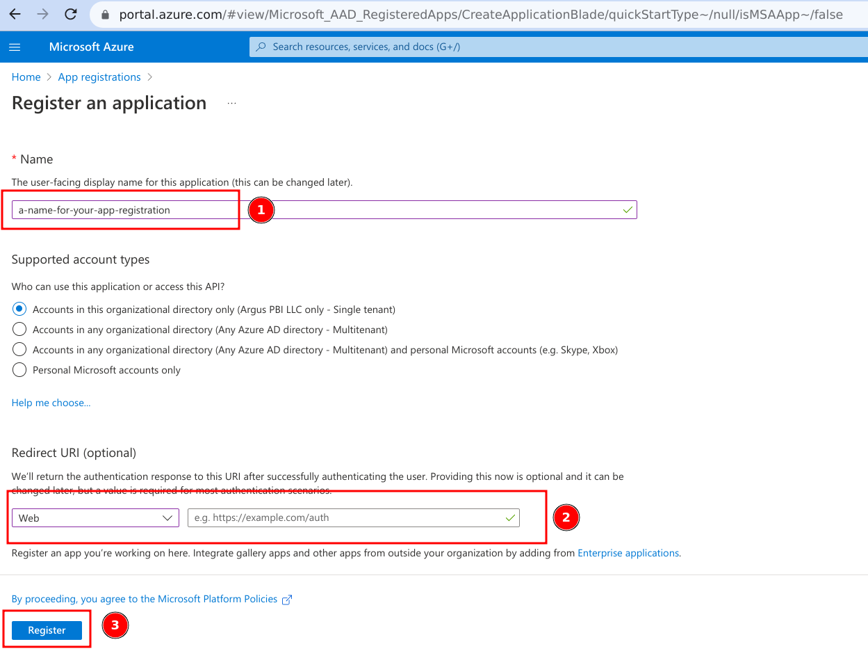 image showing steps 4-7: providing a name, setting the account type, and redirect URI for the registration