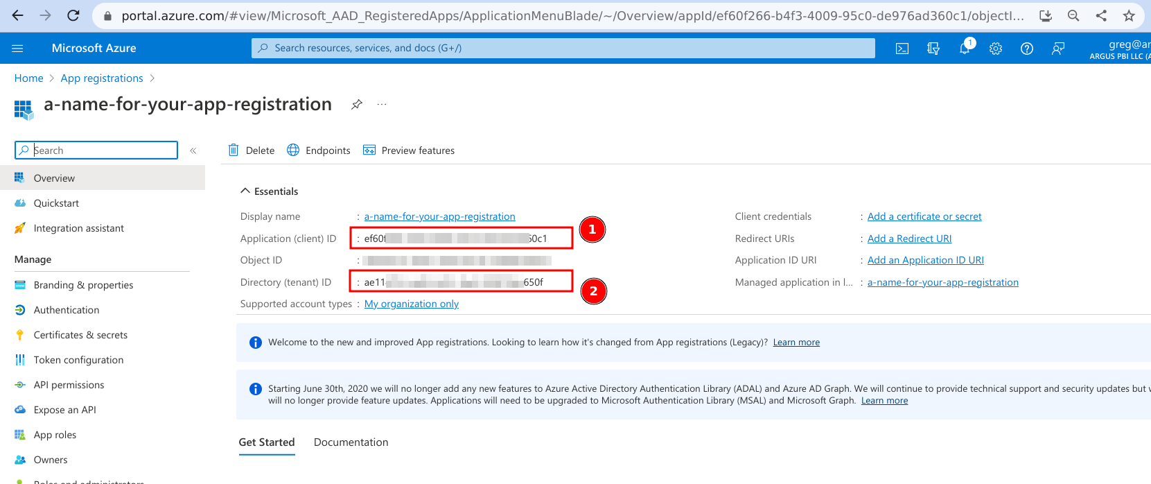 image showing step 8 details: Application ID and Directory ID