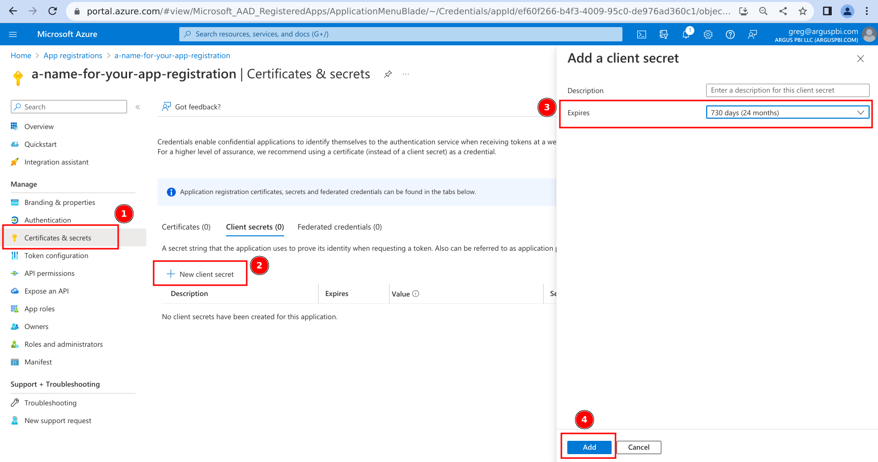 image showing steps 9-11: creating new client secret with expiration after 730 days (24 months)