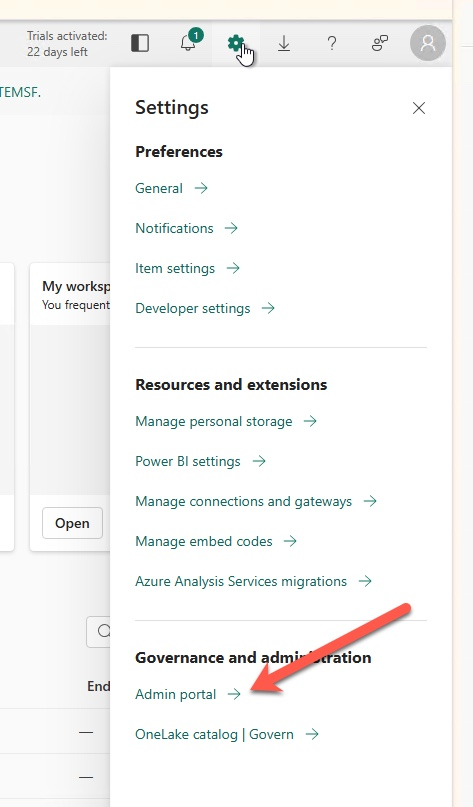 image for step 1: navigating to the admin portal from the settings menu