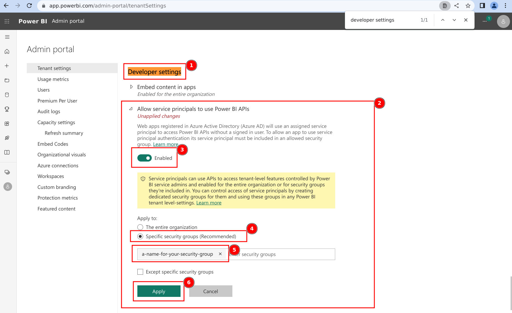 image for steps 5-10: allowing Service Principals in the configured Security Group to use Power BI APIs