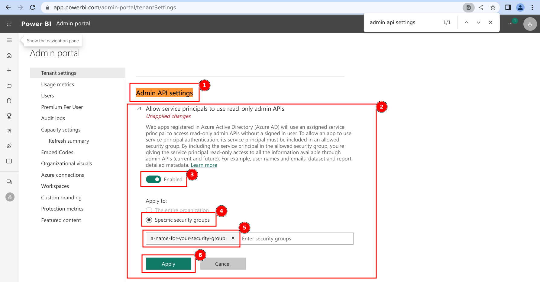 image for steps 11-16: allowing service principals in the configured Security Group to use read-only Admin APIs