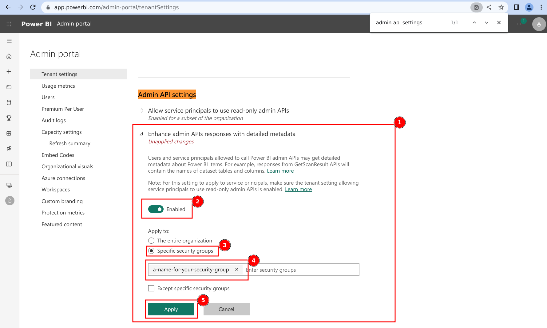 image for steps 17-21: allowing service principals in the configured Security Group to read detailed metadata from Admin APIs