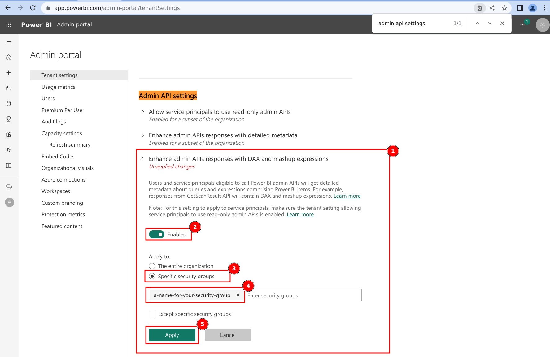 image for steps 22-26: allowing service principals in the configured Security Group to read detailed metadata from Admin APIs