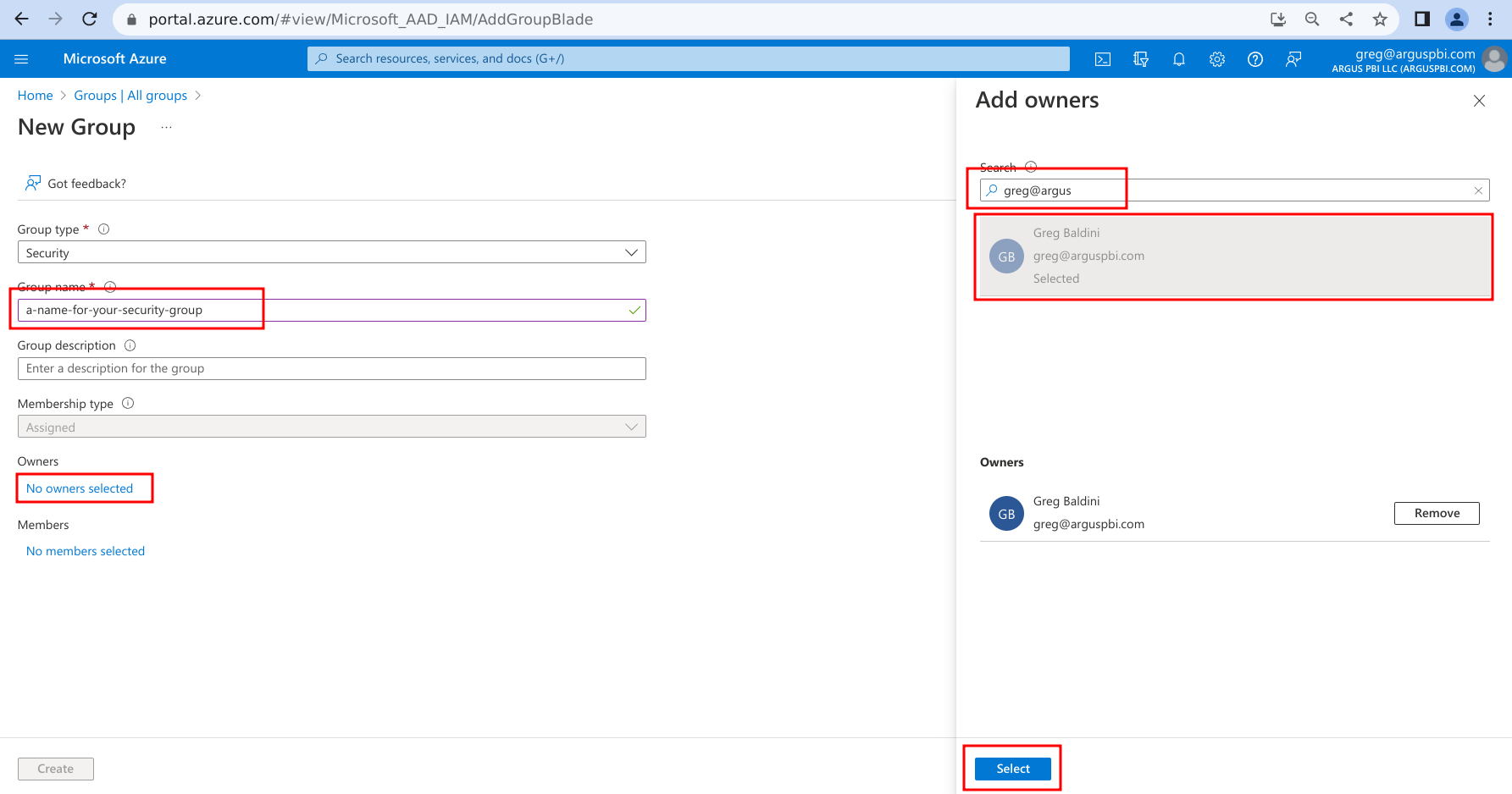 image showing steps 4-5: naming the security group and add an owner