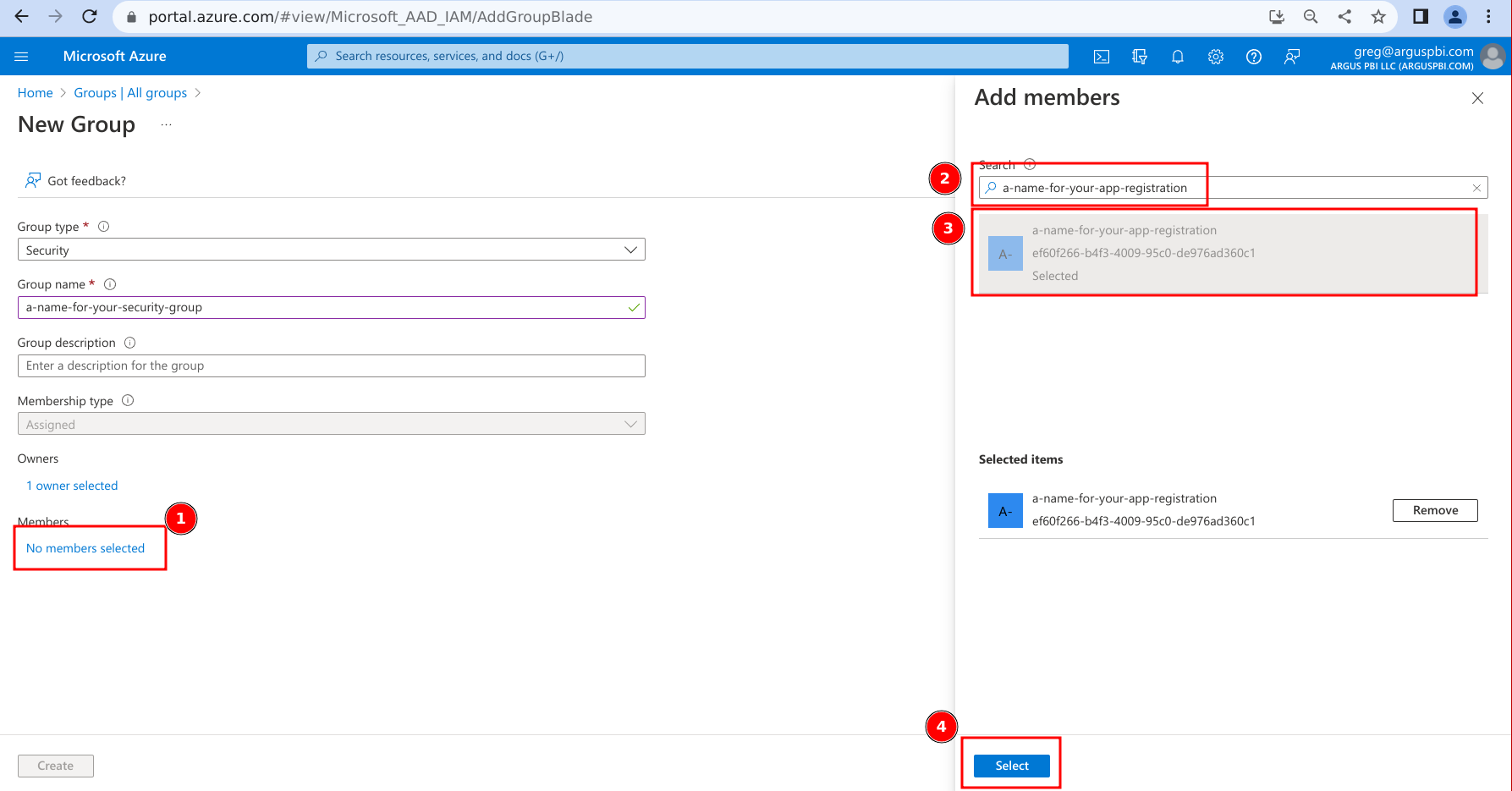 image showing step 6: add App Registration as member of the group