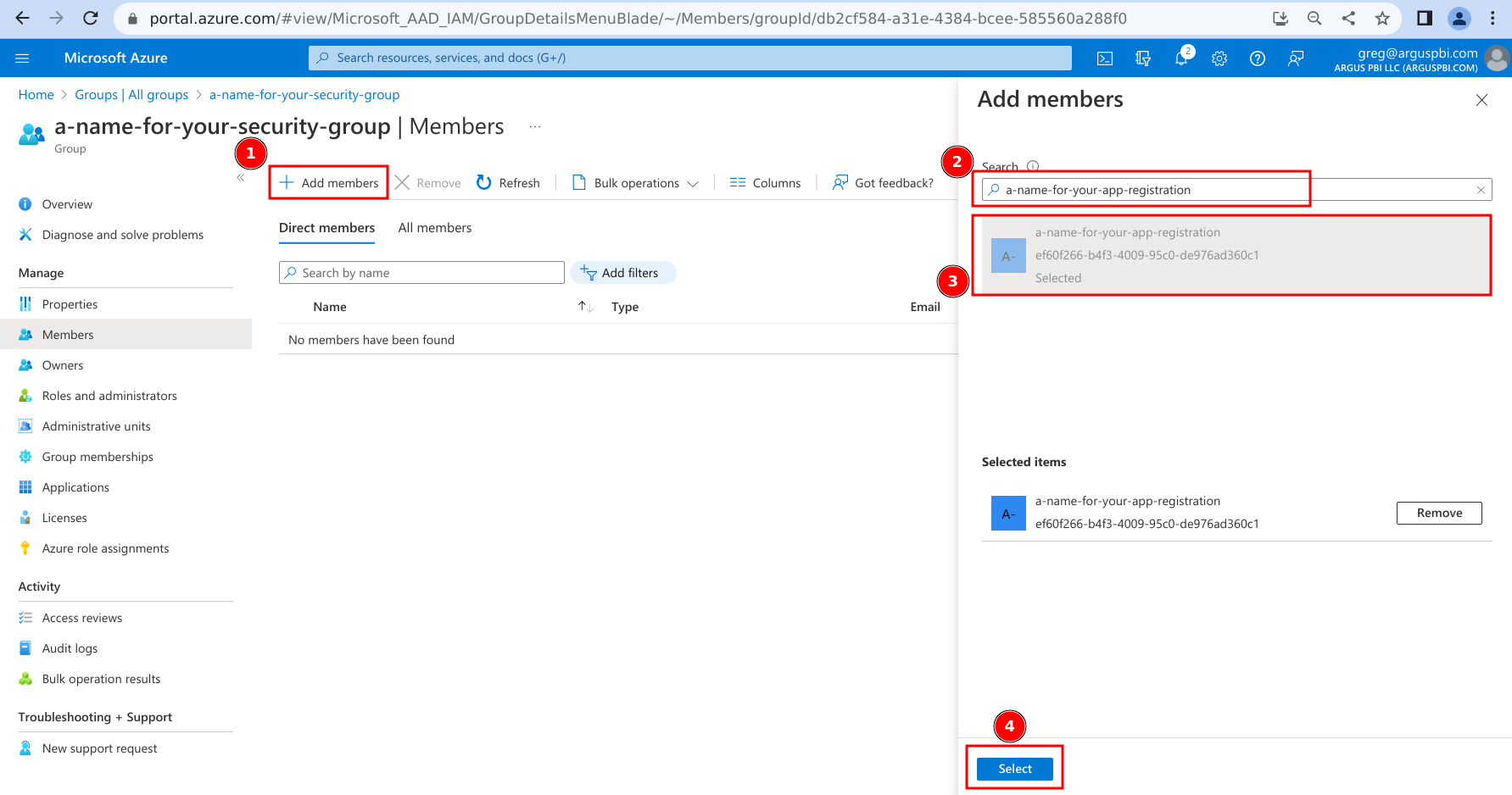 image showing step 5: adding App Registration as a member